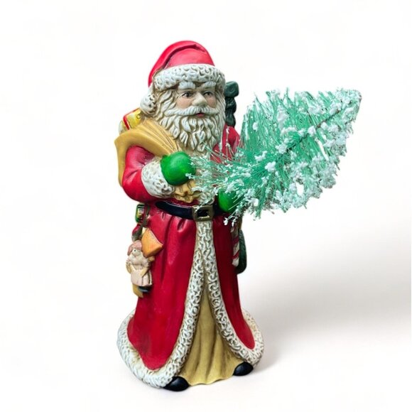 Vintage Santa Claus Figurine Holding Christmas Tree In Festive Red & White Coat - Picture 1 of 7